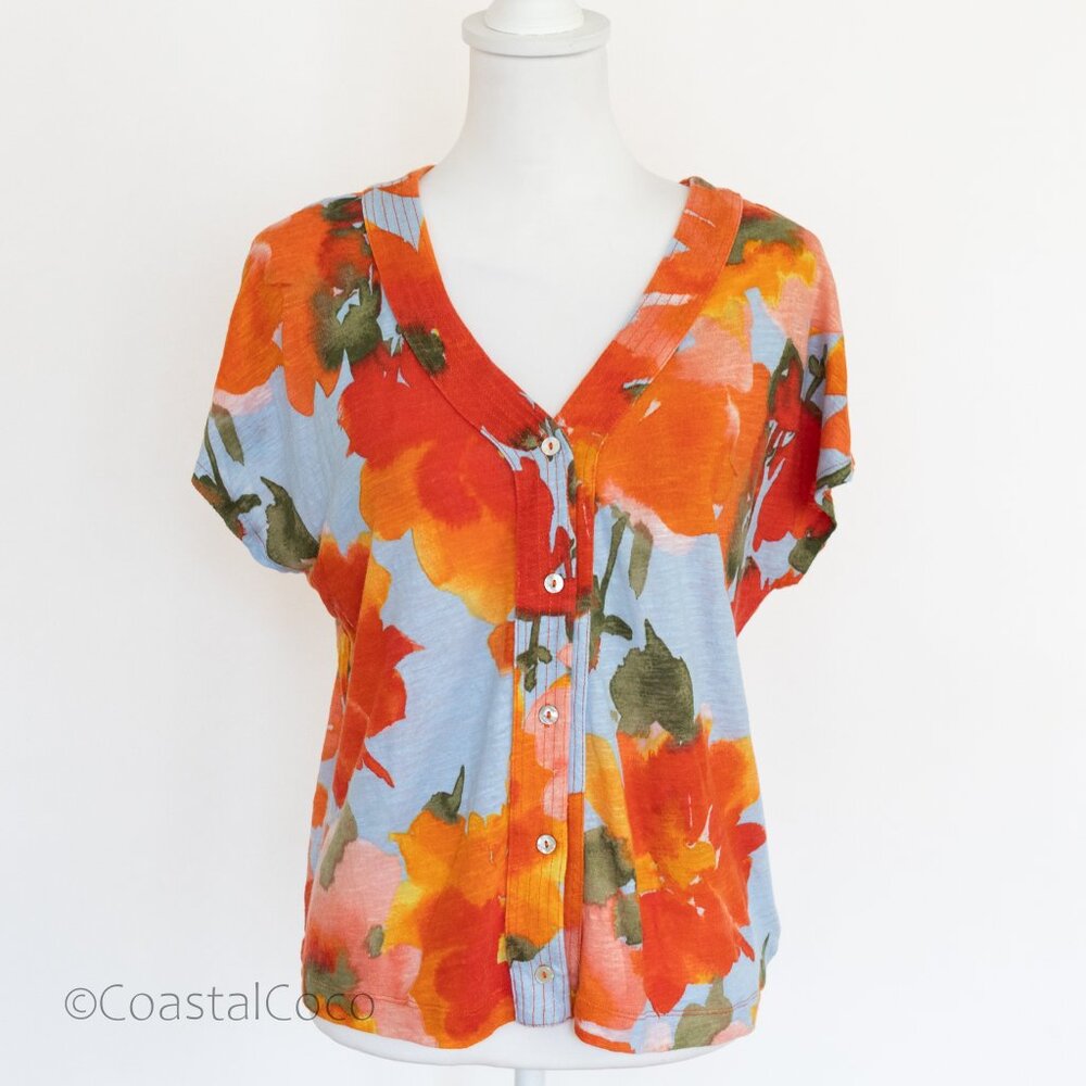 Joie Floral Linen Lyocell Top L Cropped Summer Tropical Beach Vacation Resort